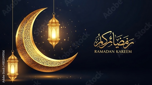Elegant ramadan kareem greeting with golden crescent moon and ornate hanging lanterns