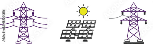 Electricity pylons and solar panels with sun icon on white background power line transmission tower