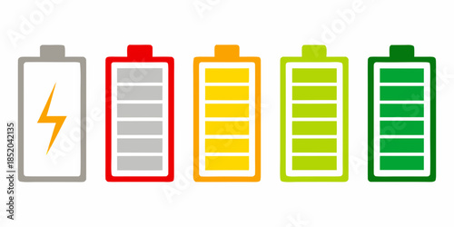 Five battery indicators displaying varying levels of charge from full to empty