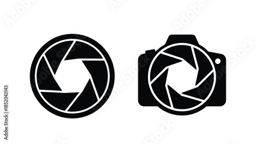 Black and white camera aperture and camera icons simple vector design