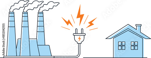 Factory chimneys emitting smoke connected to a house via an electrical plug power plant steam