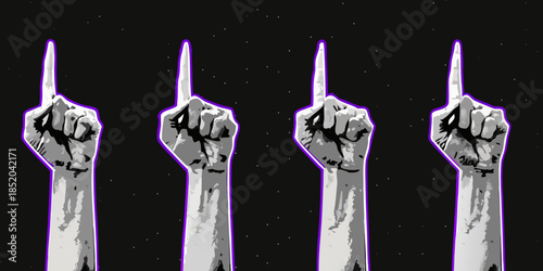 Four hands raised with index fingers pointing upwards against a dark background
