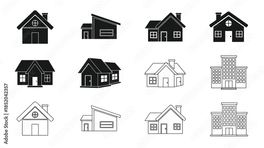 Fototapeta premium Collection of simple black and white house icons in various styles