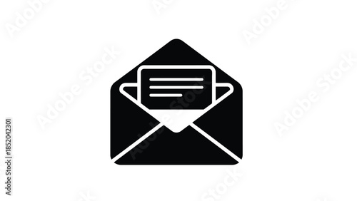 Simple black and white icon depicting an open envelope with a letter inside