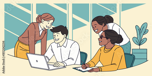 Diverse team of four professionals collaborating happily around a laptop during a modern office meeting