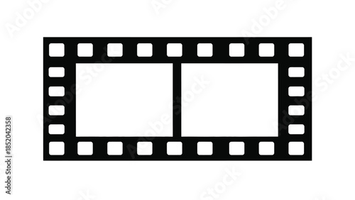 A black and white illustration of a filmstrip with two frames