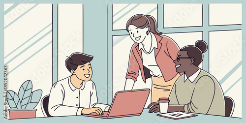 Diverse team collaboration around a laptop showing positive engagement in a bright office setting