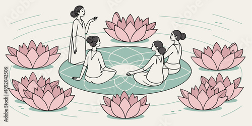 Group of women practicing meditation and spiritual wellness surrounded by beautiful pink lotus flowers