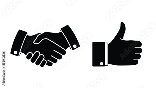 A graphic depiction of a handshake and a thumbs up gesture in black