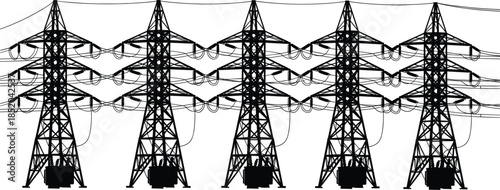 Row of large electricity transmission towers with wires against white power lines pylons