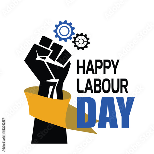 Happy Labour Day Celebration with Fist and Gears, Happy labor day, Happy Labour Day Illustration with Clenched Fist and Industrial Gears for International Workers Day 