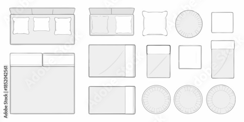 Simplified top down view of furniture arrangement including sofas beds and tables