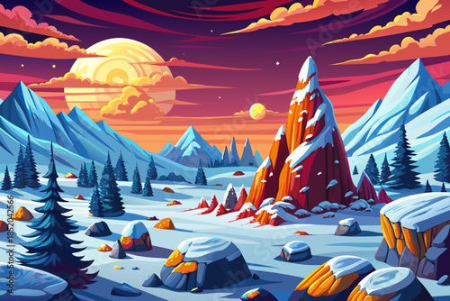 wide snowy plateau dotted with pine trees forms an expansive winter landscape, emphasizing scale, openness, and cold highland terrain