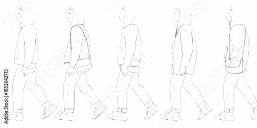 Series of sketches depicting a walking man from various side perspectives