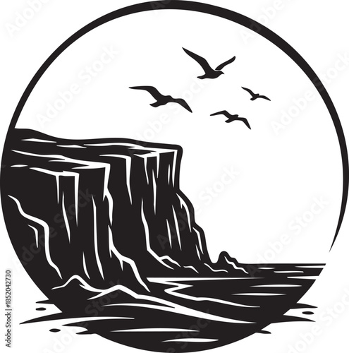 Coastal cliffs silhouette with flying birds over the ocean in a circular frame design