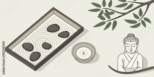 Peaceful illustration featuring a Buddha statue, candle, and a miniature zen garden with raked sand and stones