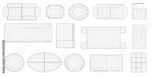 Overhead view of various furniture pieces sofas chairs and tables in outline