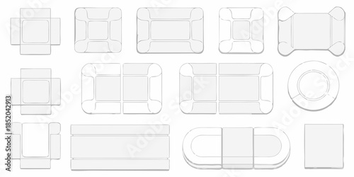 Illustrative collection of various packaging box designs in a flat layout