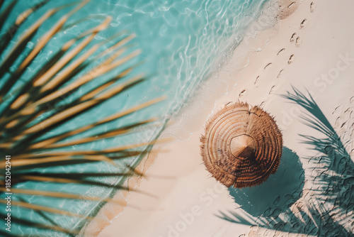 Tropical beach with white sand and clear turquoise water, woven straw mat and human footprints near the shoreline