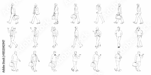 Line art illustration of diverse people walking with business attire and bags