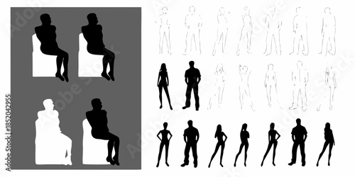 Silhouettes of seated and standing people displayed in various shades and forms