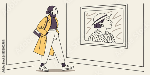 Stylish woman in yellow coat observing modern portrait artwork hanging in a minimalist art gallery