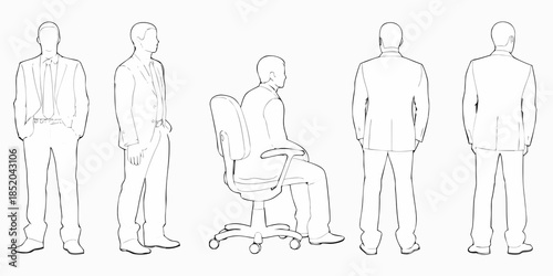 Line art illustration of men in suits and an office chair arrangement
