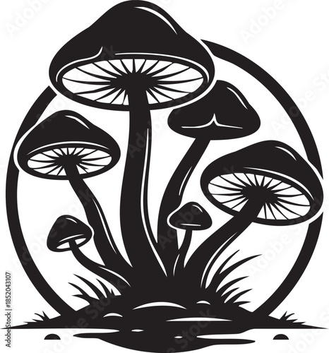 Black and white silhouette of various mushrooms growing in a natural setting inside a circle frame