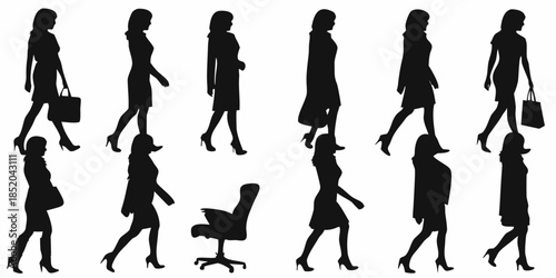Silhouettes of women walking in various poses and outfits including business attire