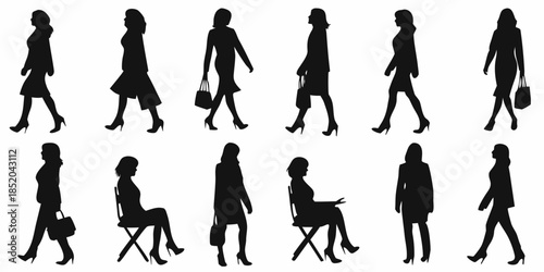 Silhouettes of women walking and seated in various poses and clothing styles