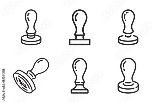 Collection of six simple stamp icons in black and white