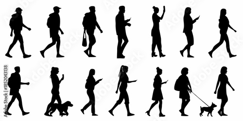 Silhouettes of people walking with pets in various poses and activities