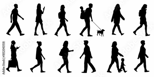 Silhouettes of people walking with a dog in various poses and activities