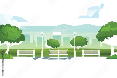 Serene park benches invite peaceful contemplation amidst lush greenery and distant city skyline.