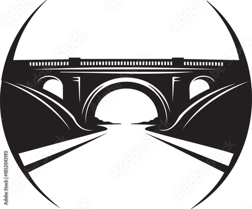 Classic arch bridge silhouette with a converging road framed in a unique oval design