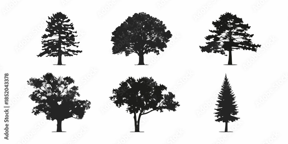 Fototapeta premium A collection of six silhouetted trees with varying shapes and foliage