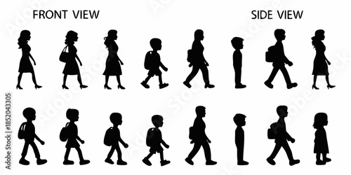 Silhouettes of people in various walking poses front and side views illustrated