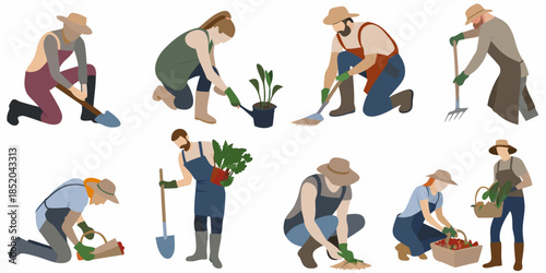 Diverse group of people gardening planting and harvesting with tools