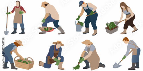 Diverse group of gardeners working with plants and tools in a flat style
