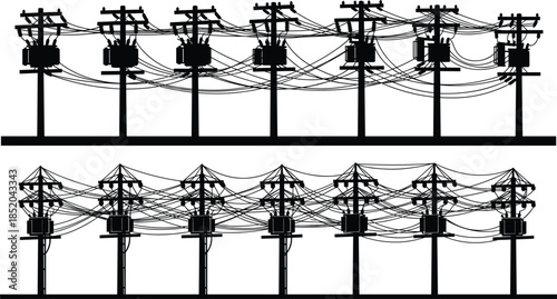Two Rows of Silhouetted Electrical Poles with Transformers and Tangled Wires electricity power