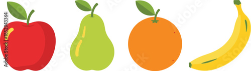 Flat design set of 4 fruit icons apple pear orange and banana