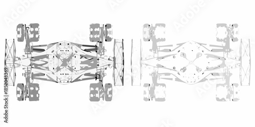 Detailed technical drawing of an all terrain vehicle chassis and suspension system
