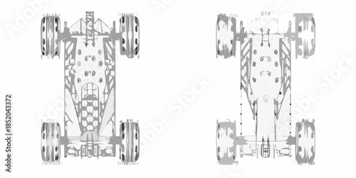 Technical blueprint showing top down views of a formula one racing car design