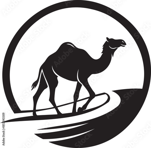 A majestic camel silhouette walking on desert dunes within a bold circular frame