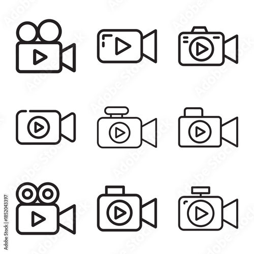 Set of nine black and white camera icons for video recording and playback