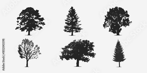 A collection of black silhouette trees showcasing diverse forms and foliage