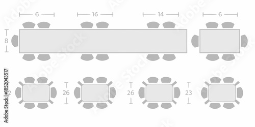 Overhead view of a dining room layout with rectangular and round tables