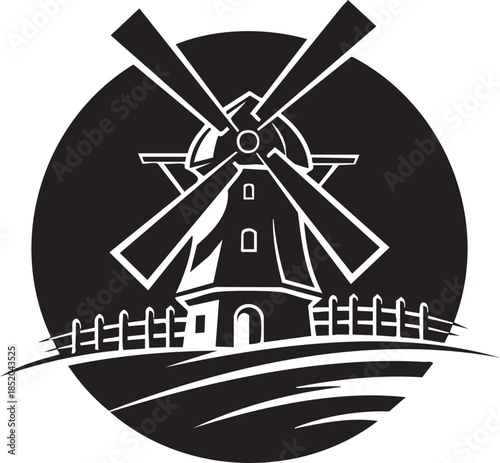 A classic windmill with four blades and a fence, set against a dark circular background