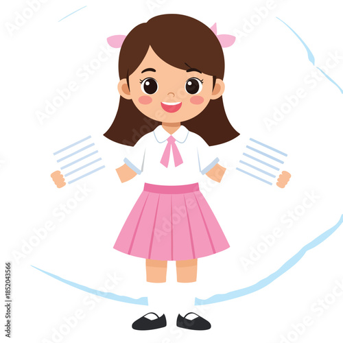 Smiling young girl in pink skirt.