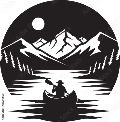 Lone adventurer canoeing on a calm lake under the watchful eye of a full moon